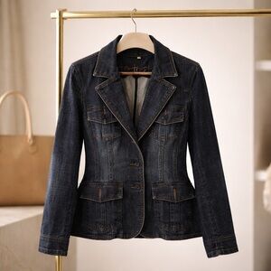 Contrast Denim Blazer Size L | Stretch Tailored Jacket | Dark Wash